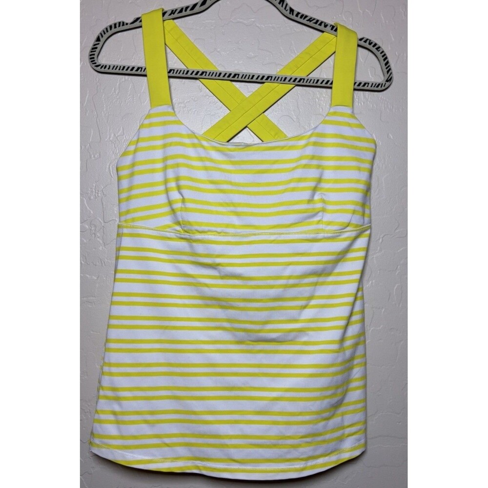 Lululemon Track and Train Tank Twin Stripe Sizzle Yellow White Cross Back